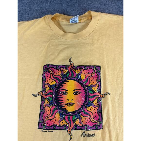 Vintage 90s Arizona Psychedelic Sun Face Graphic T-Shirt Mens L Celestial Artsy - Picture 2 of 7